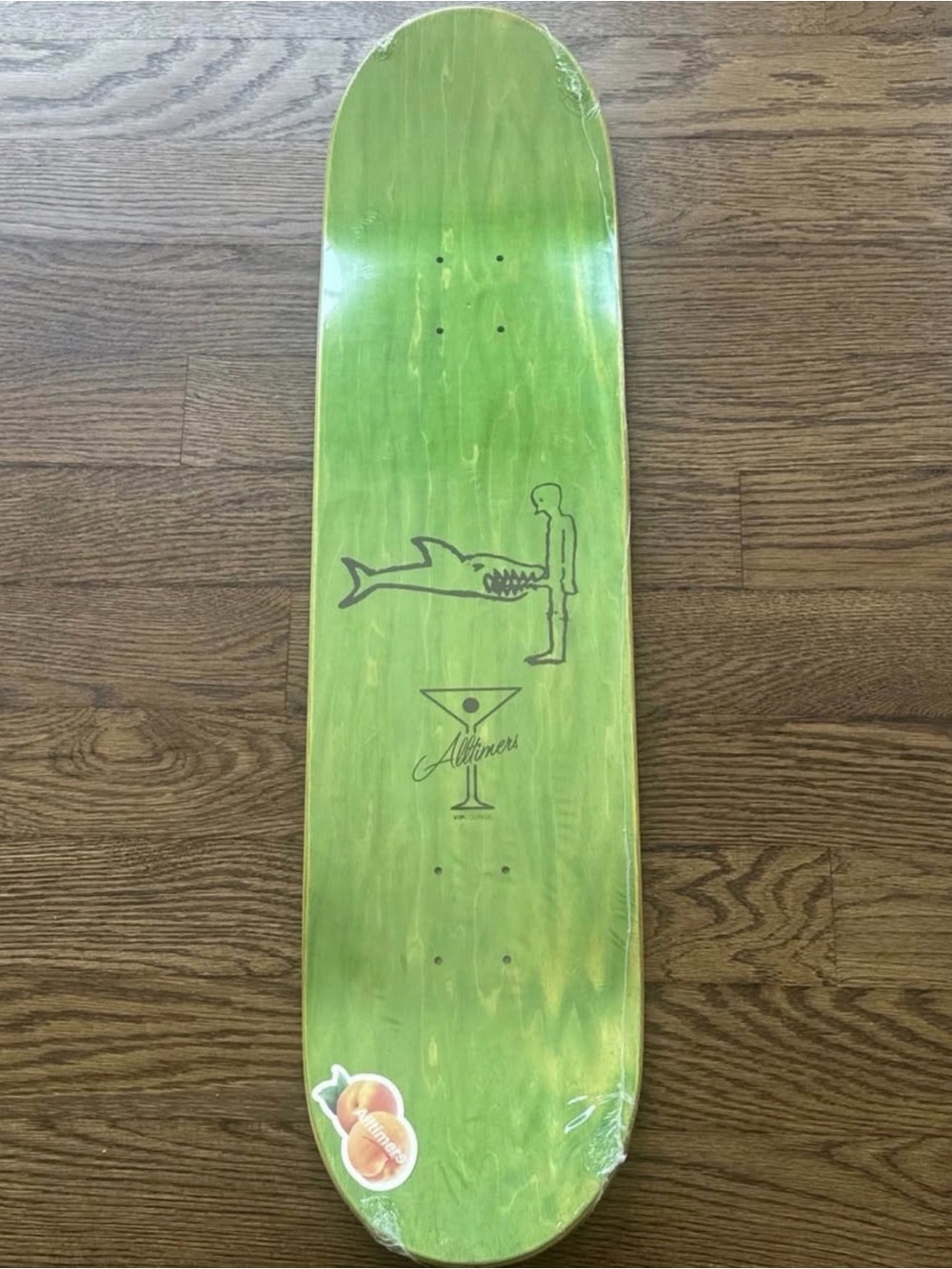 Green Wood Skateboard Deck with Shark & Martini Artwork Alltimers Team